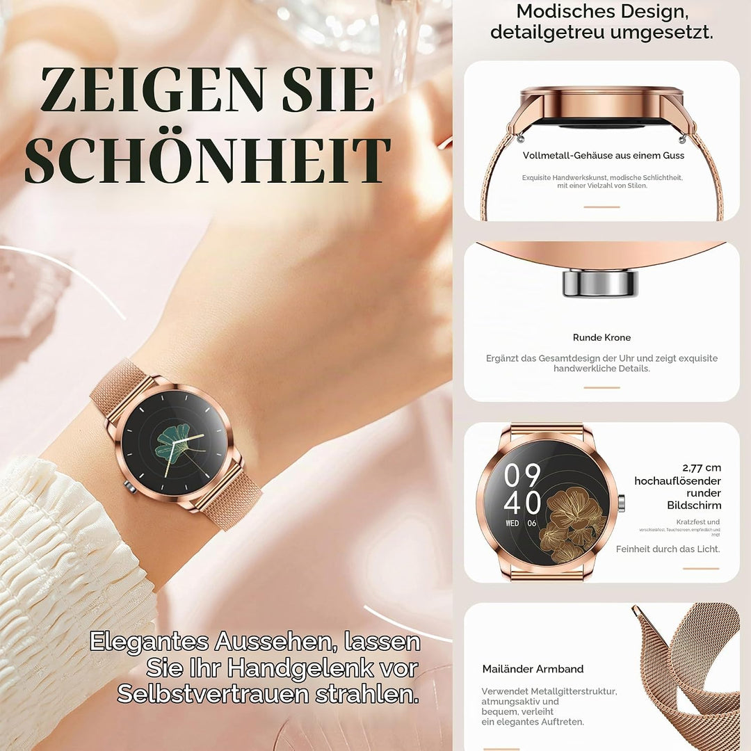 Smartwatch Damen mit Telefonfunktion, 1,09” Fitnessuhr mit 123 Sportmodi, Pulsmesser, Schlafmonitor,