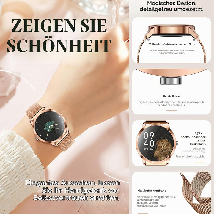 Smartwatch Damen mit Telefonfunktion, 1,09” Fitnessuhr mit 123 Sportmodi, Pulsmesser, Schlafmonitor,