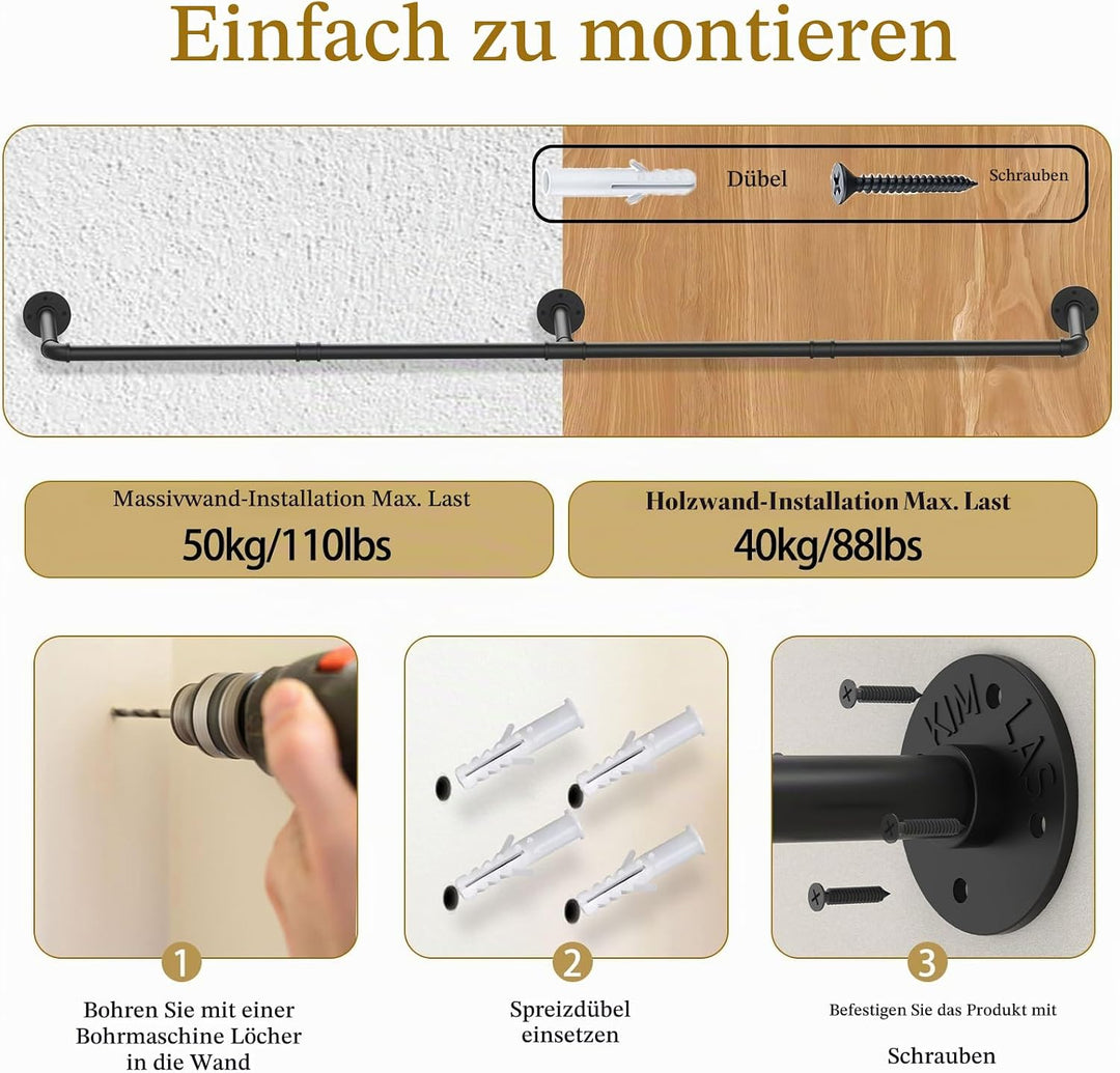 Yawinhe Industrierohr Kleiderstangen,180cm Kleiderbügel für die Wand, Platzsparenders Wandregal Küch