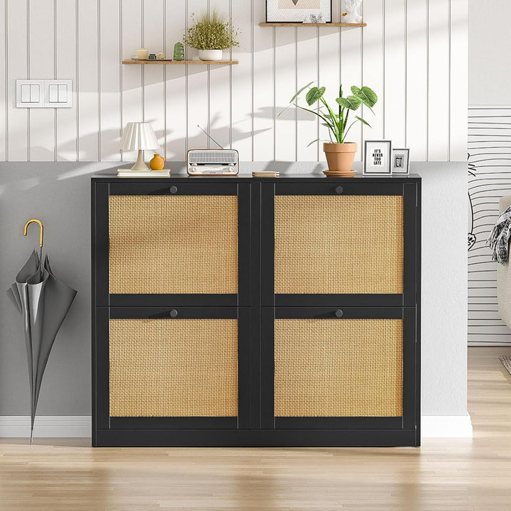 Rattan Schuhschrank mit 4 Klappen, Schuhkipper Schuhkommode mit Einstellbar Ablageflächen Schuhregal