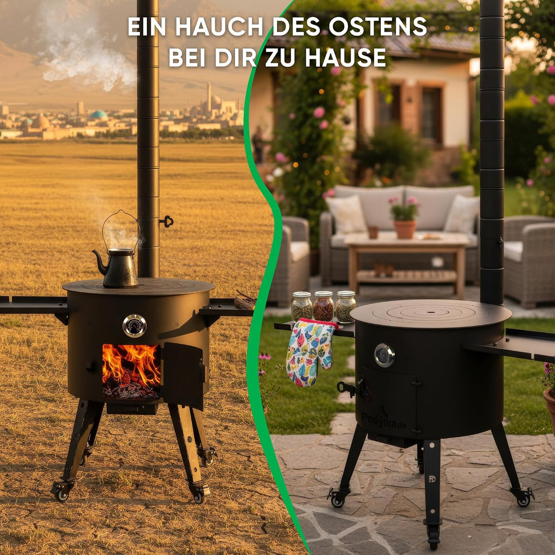 Utschak Feuerofen Ø 49cm für Kazan Wok 22L | Uchag mit Abzugsrohr &amp; Rohrverlängerung, Ablagetisch, R