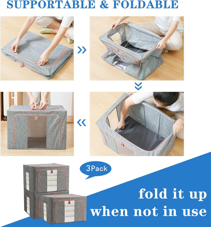 3 Stück Aufbewahrungsbox, Kleiderschrank Organizer Faltbar Kleideraufbewahrung Box mit Metallrahmen,