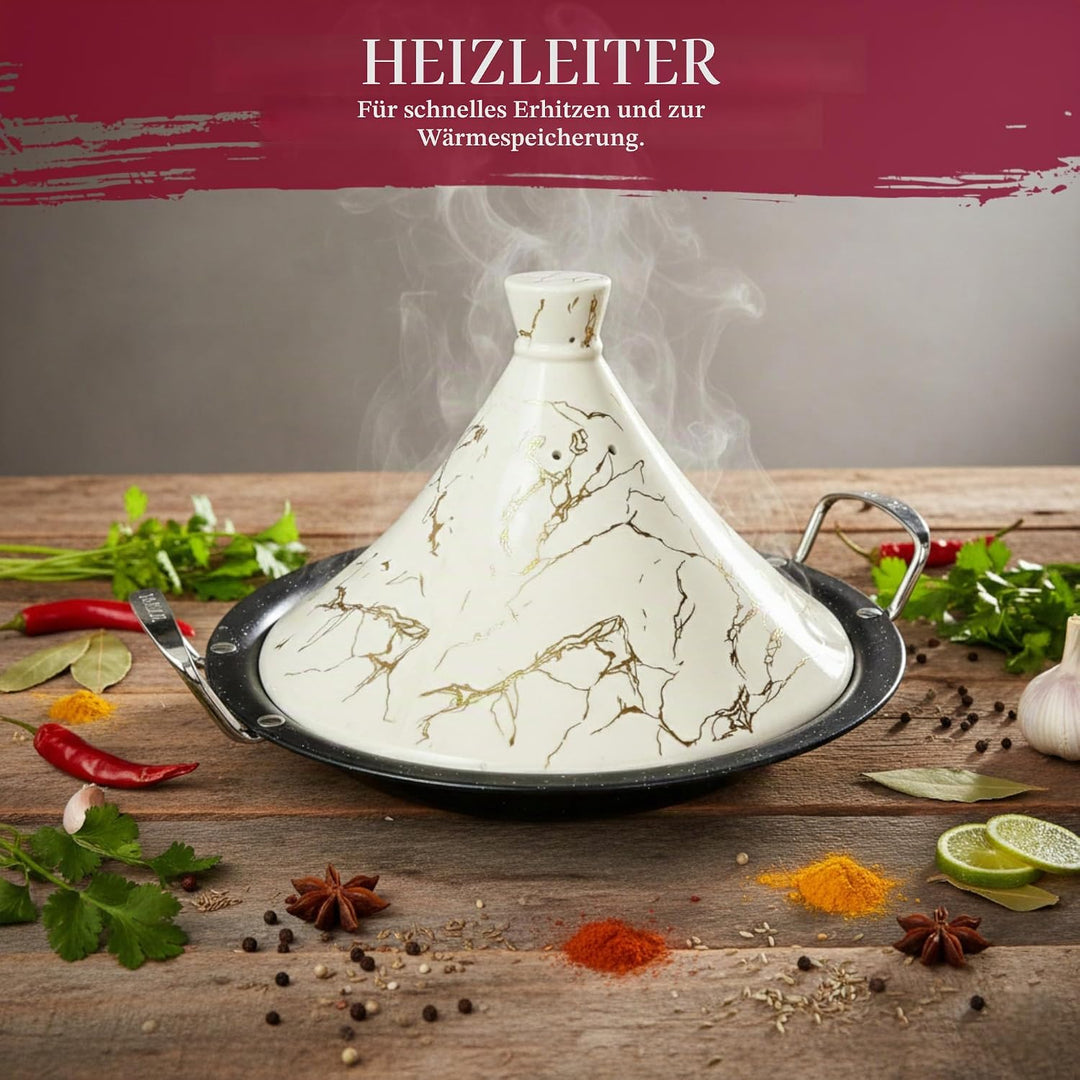 Royal Swiss Tajine 38 cm – Edelstahl mit Keramikdeckel & Dampfventil | Für Induktion, Gas, Ofen & Mi