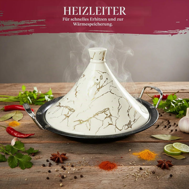 Royal Swiss Tajine 38 cm – Edelstahl mit Keramikdeckel & Dampfventil | Für Induktion, Gas, Ofen & Mi