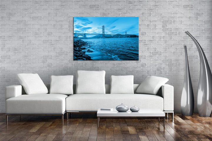 deyoli atemberaubende Hängebrücke Format 100x70 Effekt: Monocrome Blau als Leinwandbild, Motiv ferti