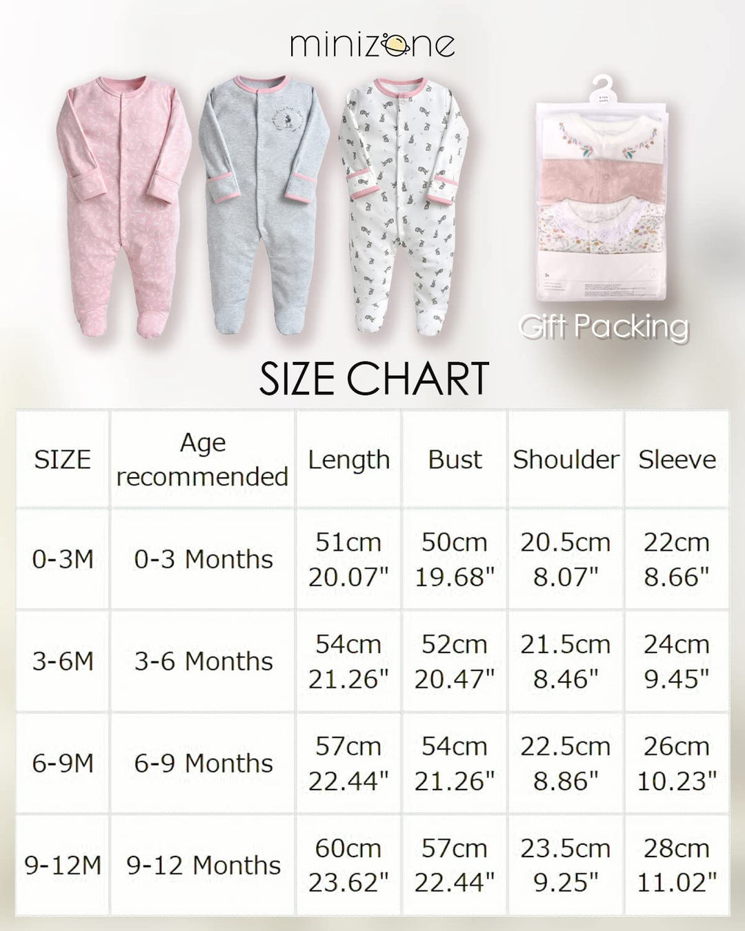 Minizone Baby Schlafanzug Pack of 3, Strampler Langarm Pyjamas Schlafstrampler 6-9 Monate 6-9 Monate