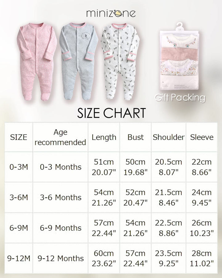Minizone Baby Schlafanzug Pack of 3, Strampler Langarm Pyjamas Schlafstrampler 6-9 Monate 6-9 Monate