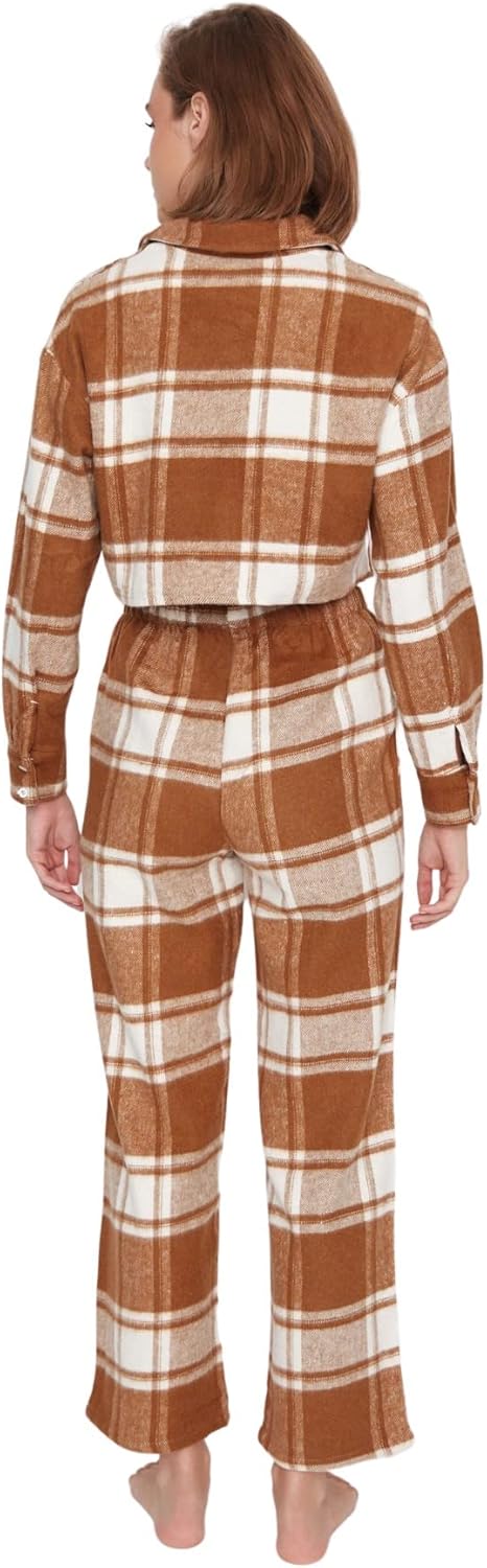 TRENDYOL Damen Kariert Mitte Webstoff Hemd-Hose Pyjama Pajama Set (2er Pack) 38 Cinnamon, 38 Cinnamo