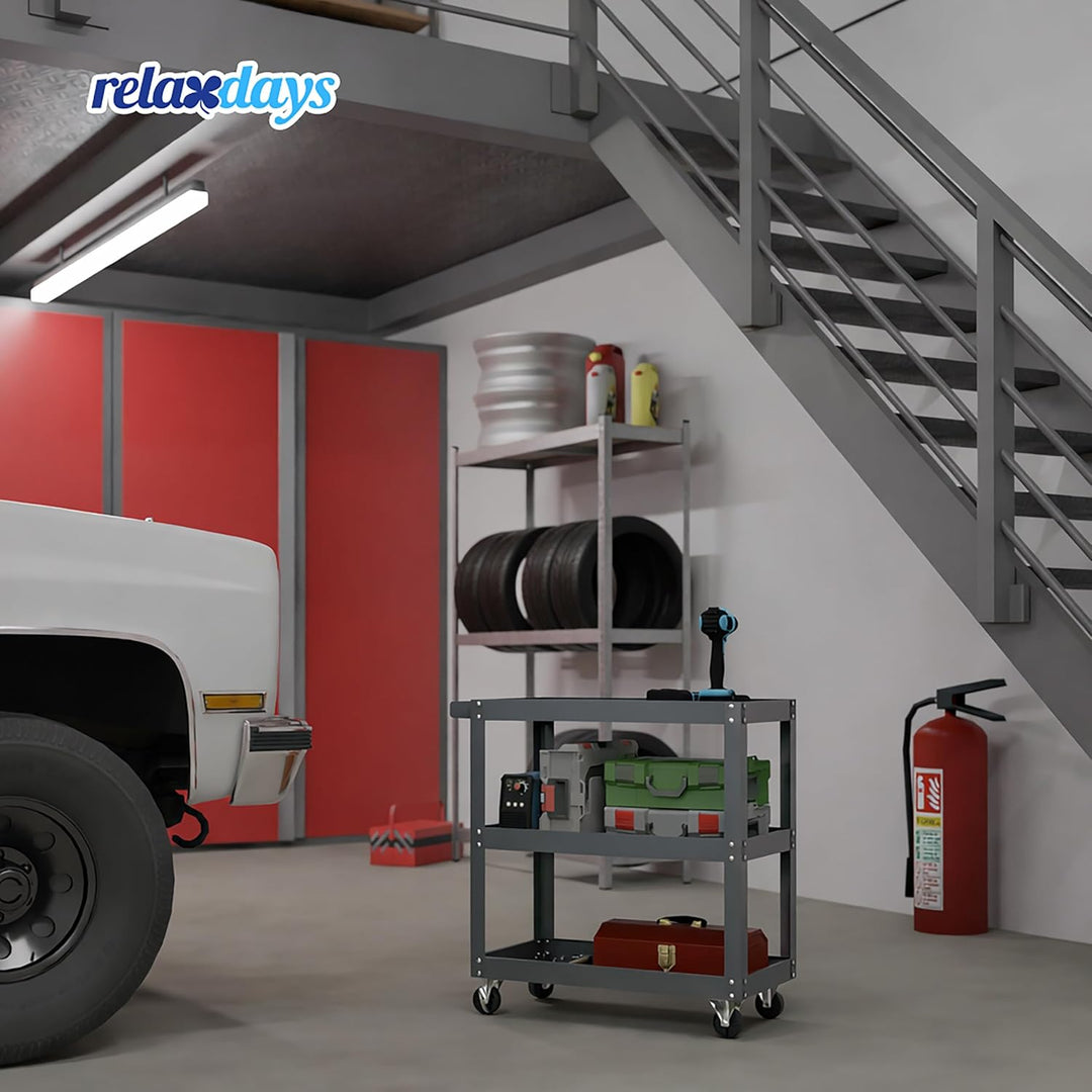 Relaxdays Werkstattwagen, Werkzeugwagen mit 3 Ebenen, mobiler Montagewagen, bis 100 kg belastbar, HB