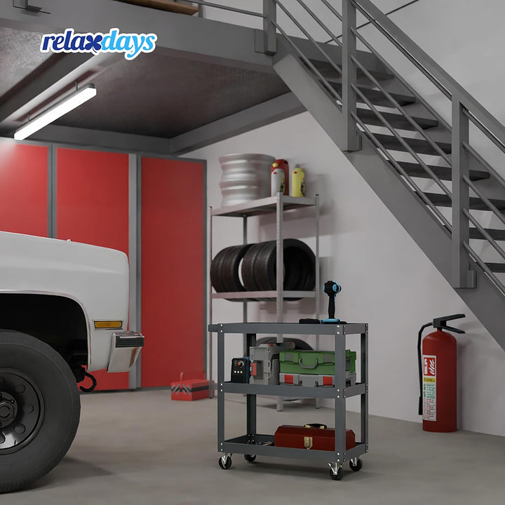 Relaxdays Werkstattwagen, Werkzeugwagen mit 3 Ebenen, mobiler Montagewagen, bis 100 kg belastbar, HB