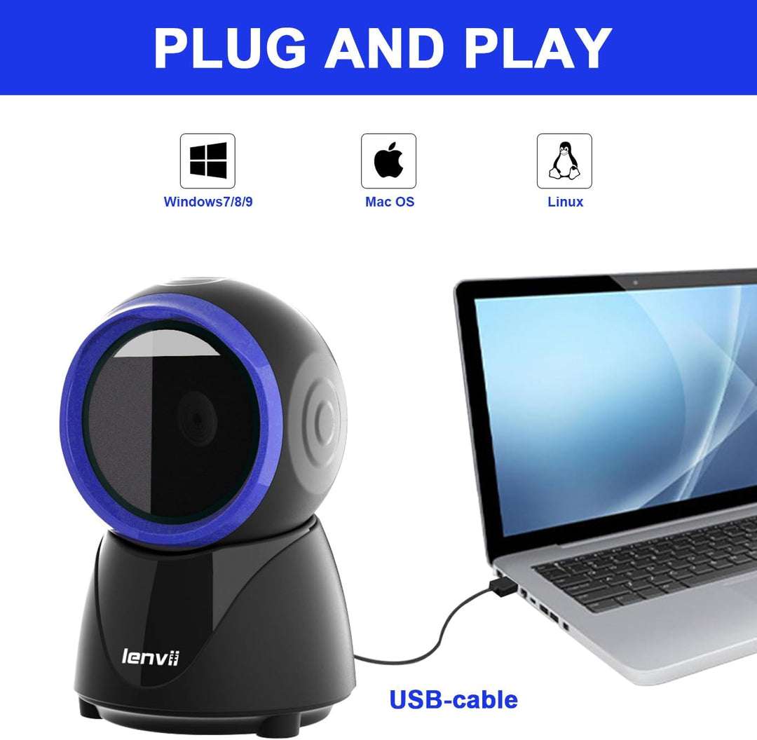 LENVII Desktop Freespeech Barcode Scanner, Omnidirectionele QR Code lezer 1D/2D/QR Code Scanner Kabe