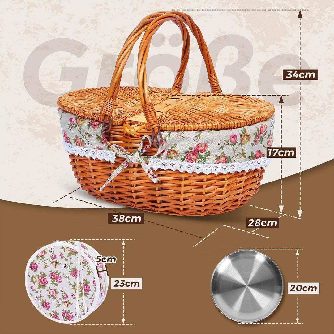Picknickkorb-Set aus Weide für 4 Personen mit Deckel und Griff. Picknickkorb mit waschbarem Futter u