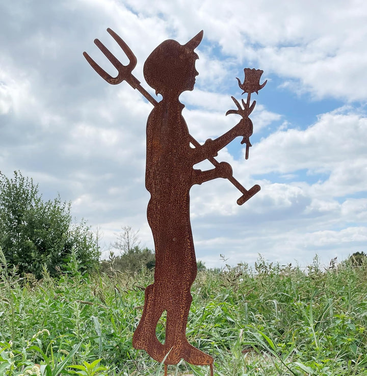 Gartenfigur Gärtner Fritz mit Spatengabel und Rose 100x57cm zum Stecken Gartenstecker Edelrost Garte