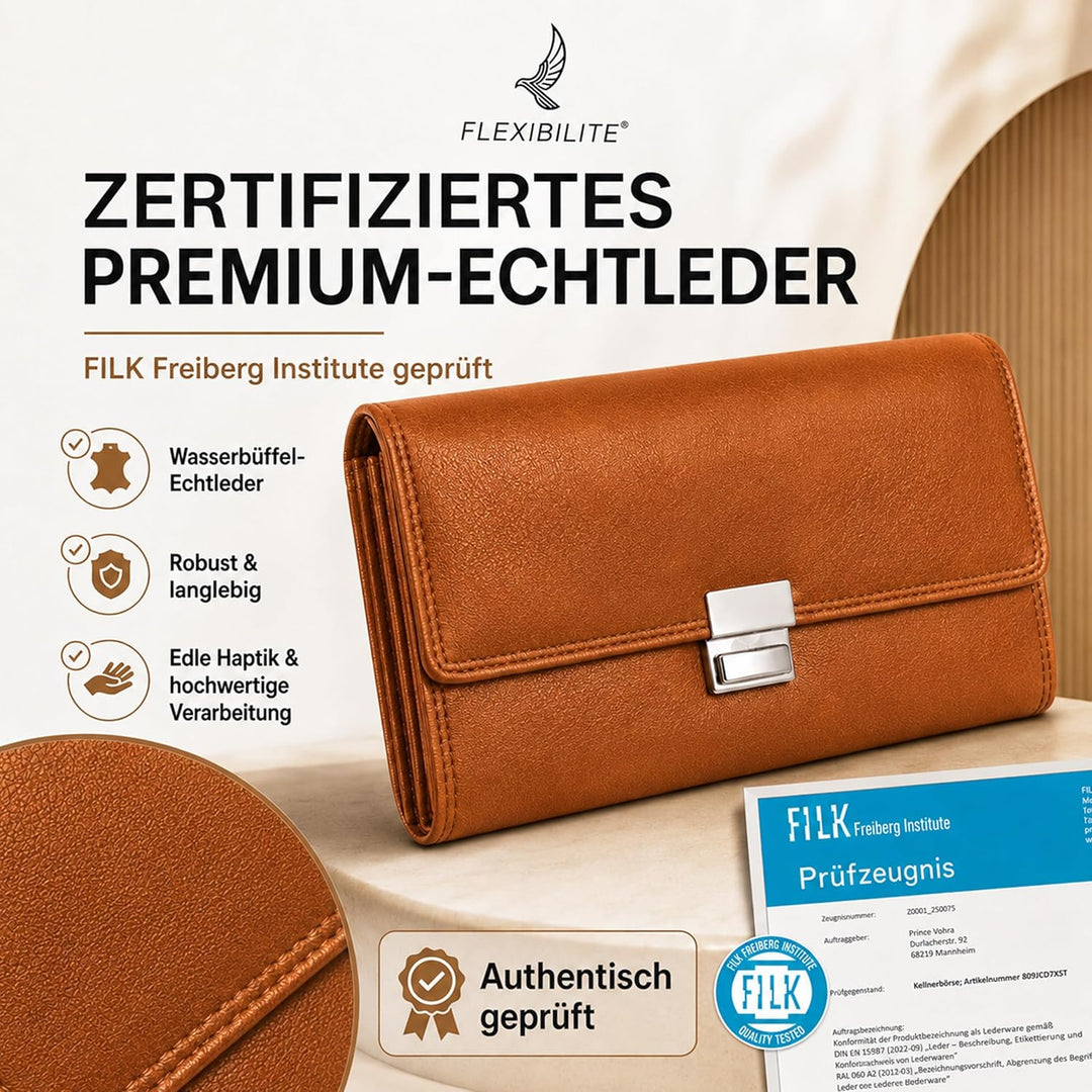 FLEXIBILITE Profi Kellner Geldbörse Profi Wasser Büffel [2025] Echt Leder RFID (18,5 x 9,5 x 4,5cm B