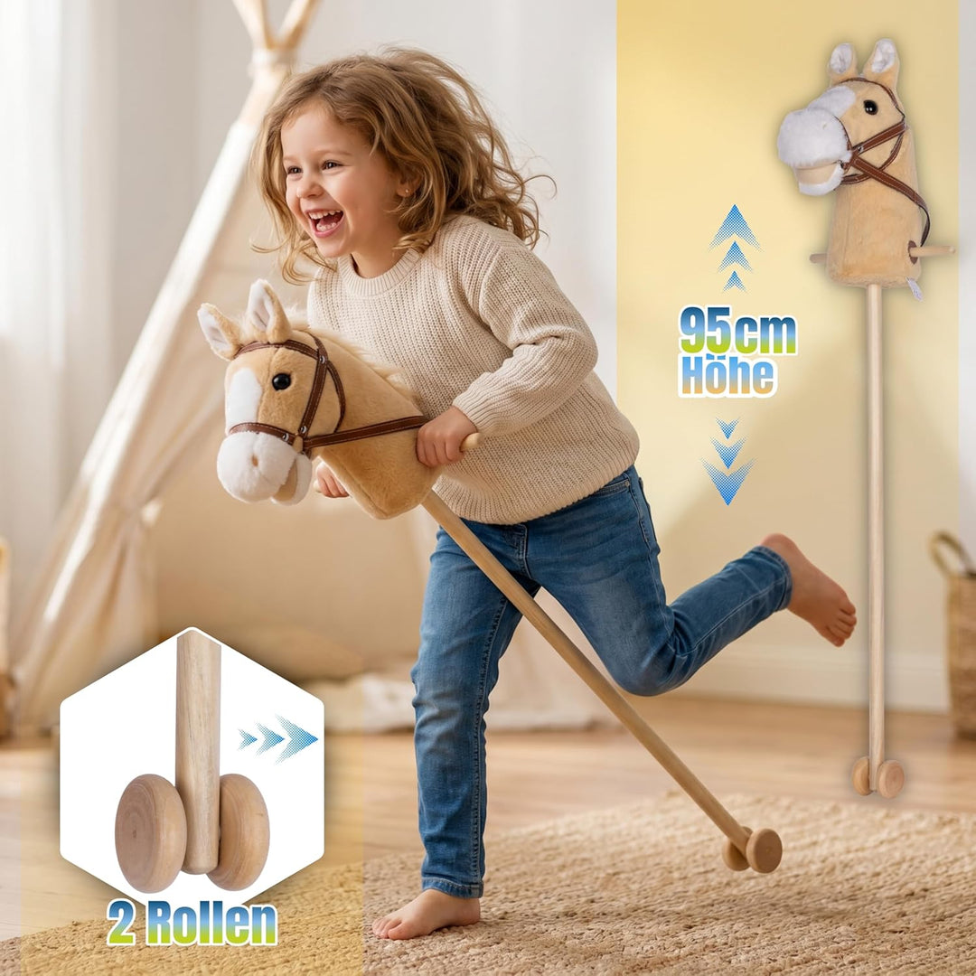 Schauer Steckenpferd für Kinder mit Rollen & Sound – 95 cm Hobby Horse Pferde aus Soft-Plüsch – Spie