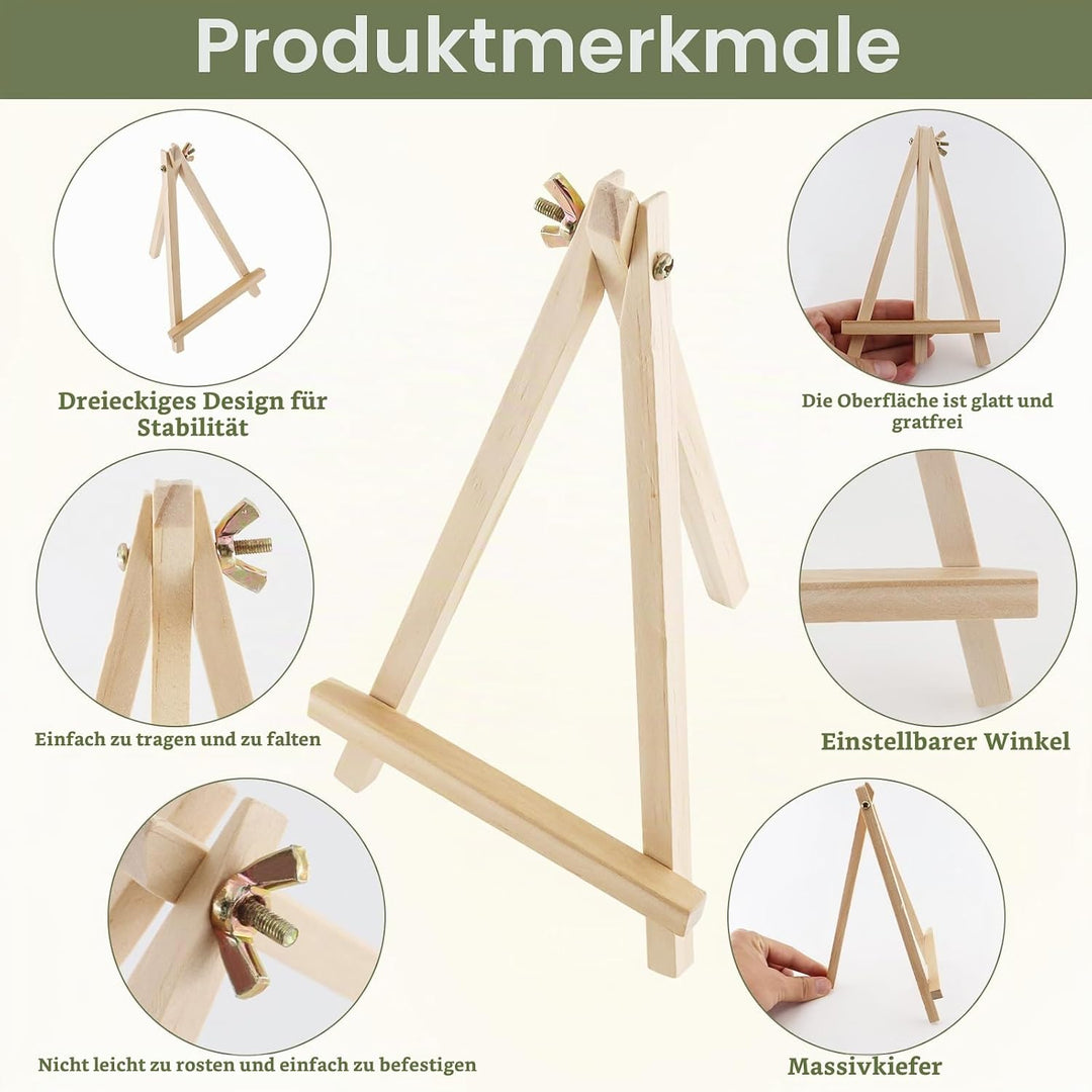 10 Stück Staffelei klein(19x11cm), Dreieck Faltbar Mini Staffelei Holz, Tischstaffelei Zur Präsentat