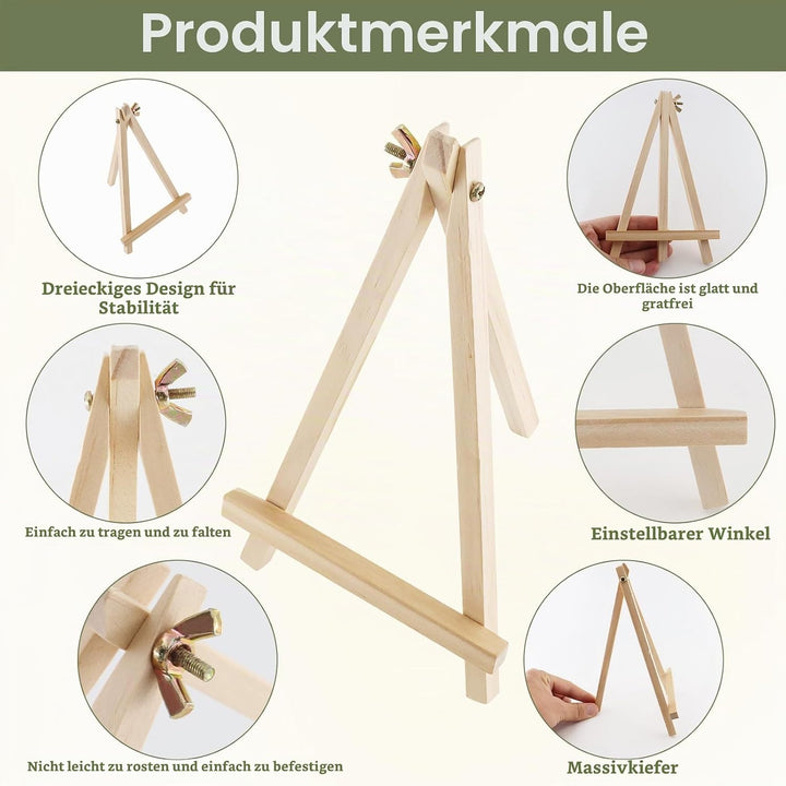 10 Stück Staffelei klein(19x11cm), Dreieck Faltbar Mini Staffelei Holz, Tischstaffelei Zur Präsentat