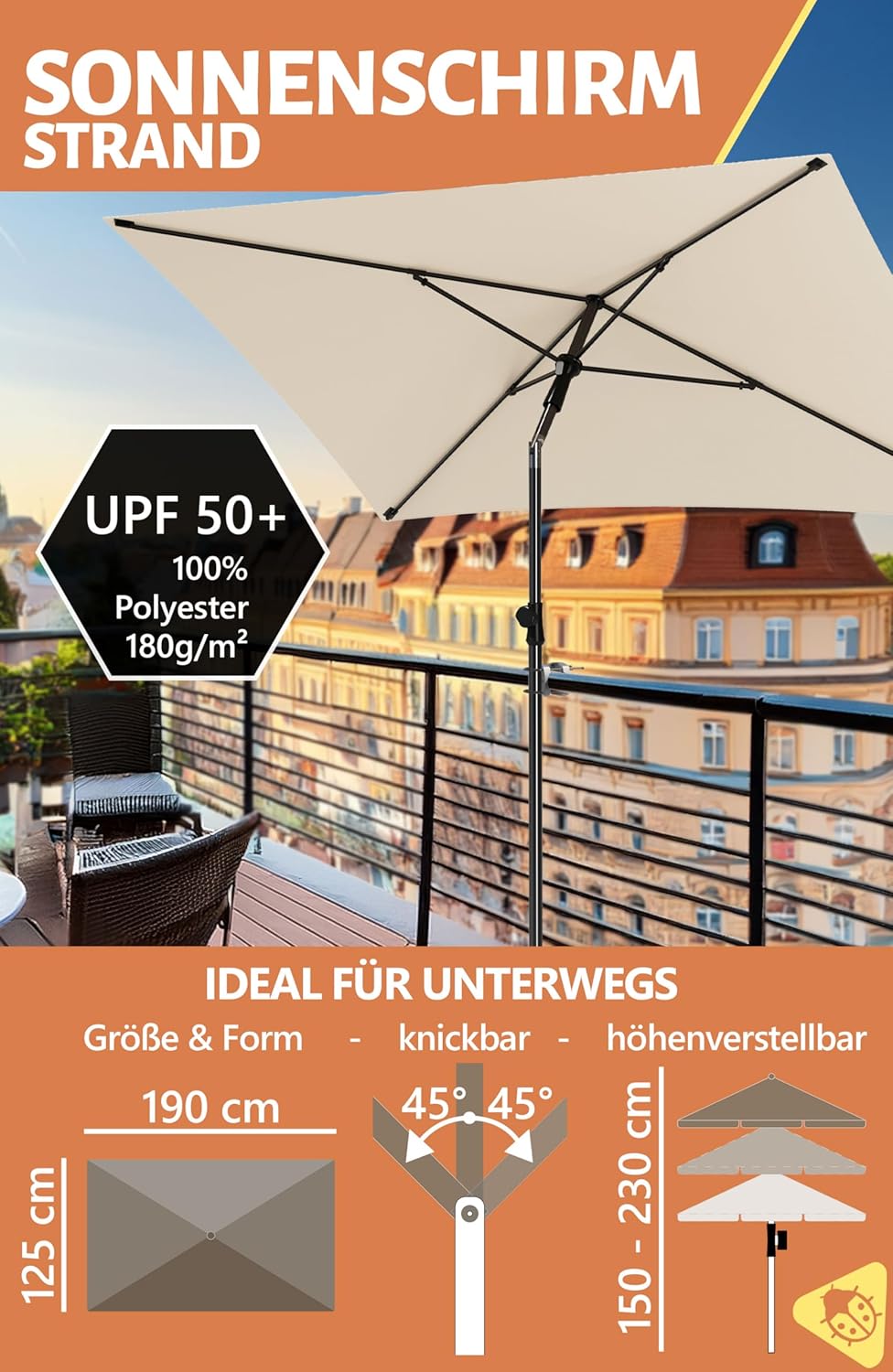 Menz Sonnenschirm Balkon mit Schutzhülle in Beige, 200 × 125 cm | UPF 50+ Sonnenschirm rechteckig fü
