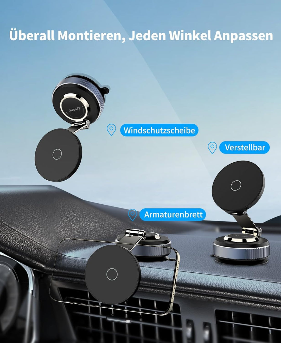 Beeasy Handyhalterung Auto für MagSafe Autohalterung mit 20X N56 Magnete, Vakuum Saugnapf Magnetisch