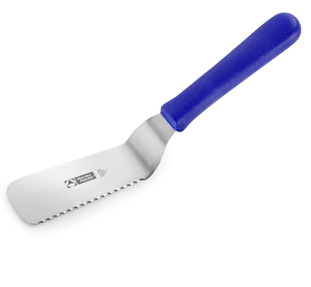 thermohauser Kuchenpalette (Stahl rostfrei), einseitiger Wellenschliff, gewinkelte Klinge, mit blaue