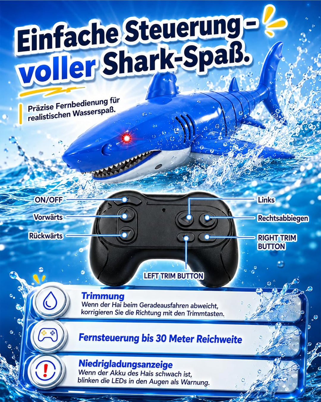 KOKODI Ferngesteuerter Robo-Hai für Kinder ab 3 Jahren – RC Wasserspielzeug mit Licht &amp; Wasserdichte