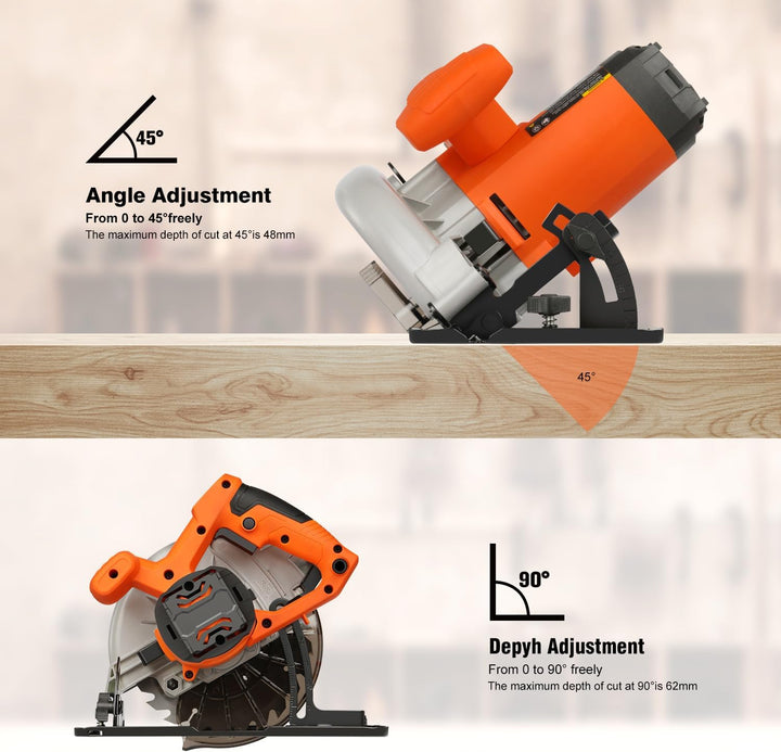 GALAX PRO Kreissäge, 1400W Maximale 6000RPM, Einstellbare Schnitttiefe und -winkel: 62 mm (90°) - 48