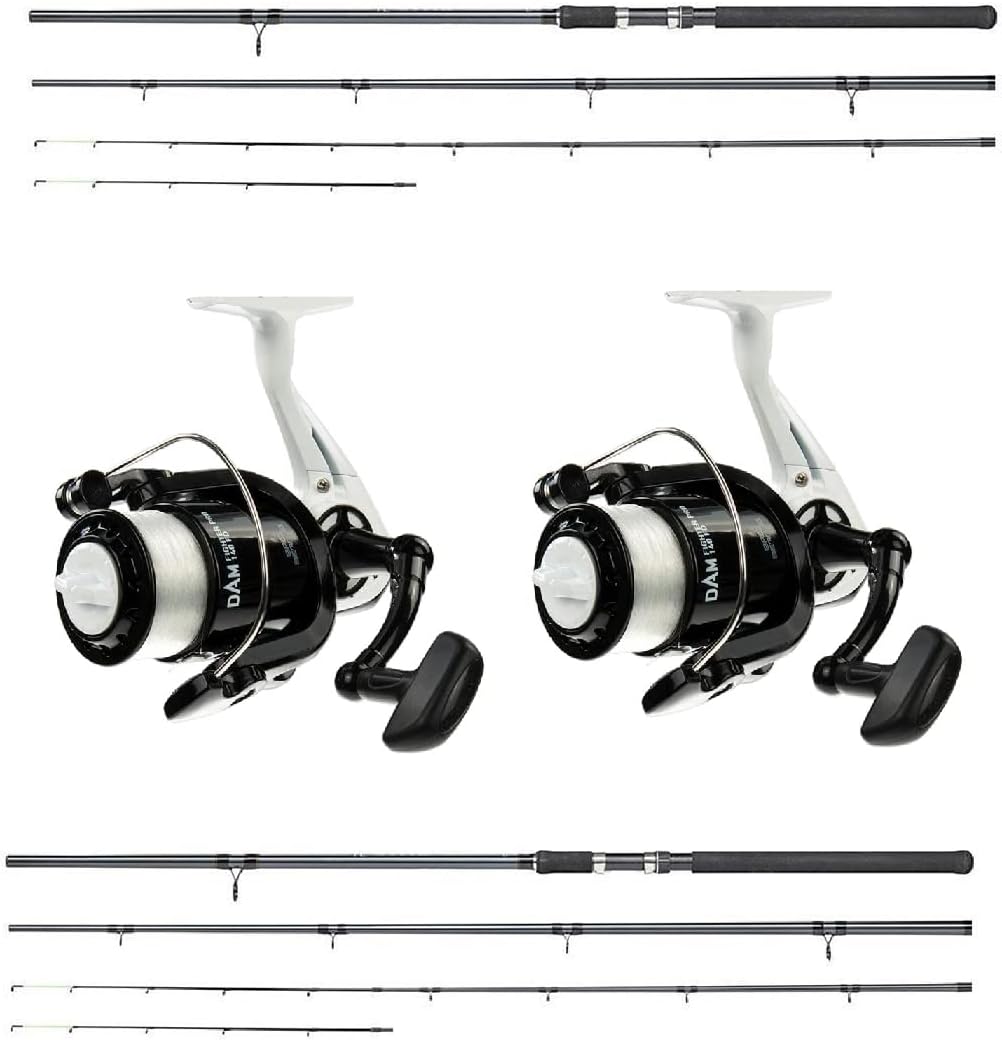 2X Feedercombo Angelset Dam Camaro Feeder Angelrute 3,60m / bis 90g + Dam Stationärrollen mit Schnur