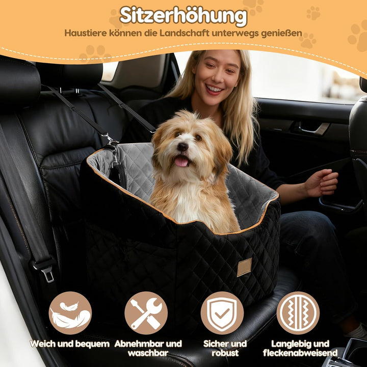 Hunde Autositz - Abnehmbarer Waschbarer Hundesitz mit Rutschfester Basis & Seitentaschen für Auto Re
