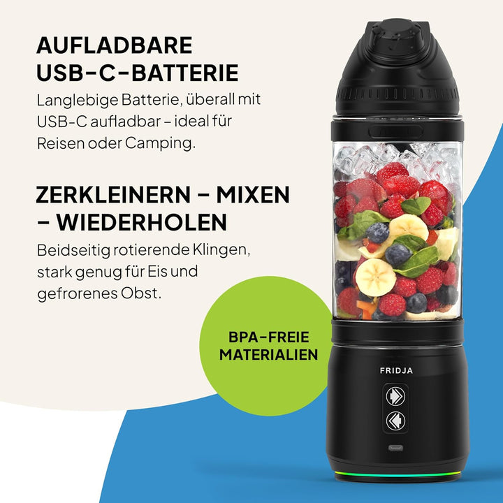 Fridja F500 Tragbarer Mixer – Premium USB-C wiederaufladbar, auslaufsicher &amp; kompakt – BPA-frei, 6 g
