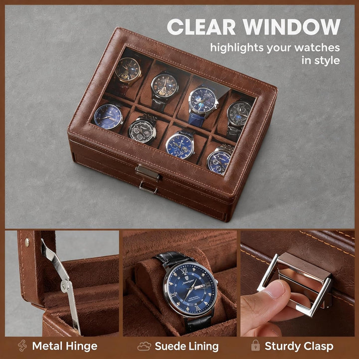 ProCase 8 Slot Uhrenbox, Uhrenkasten mit Glasdeckel Uhrenkissen, Uhrenkoffer für Schmuck Ringe Armbä