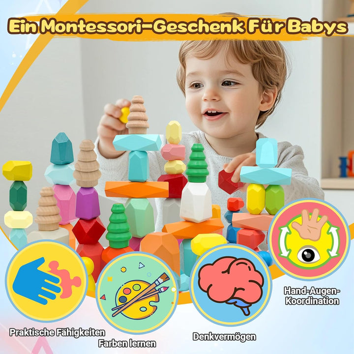 RunHero 58 Stück Stapelsteine Balanciersteine Montessori Holz Bauklötze Spielzeug für Kinder Stapelt