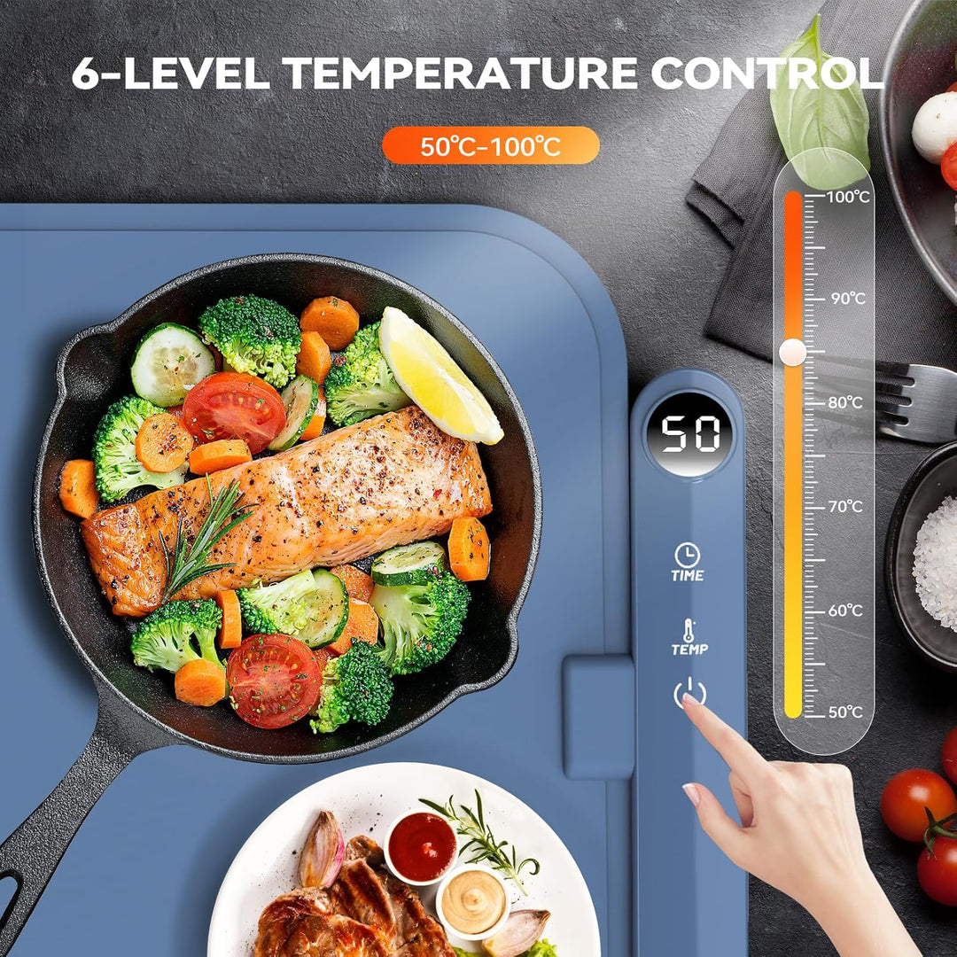 Warmhalteplatte Elektrisch mit Graphen Heizung | 6-stufige Temperaturregelung (50-100°C) & 6h Timer,