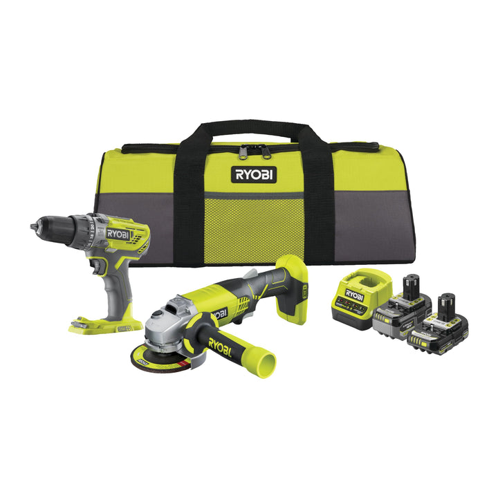 RYOBI 18 V ONE+ 6-tlg. Akku-Combo-Kit RCK182O-242SZL, Schlagbohrschrauber, Winkelschleifer, 2x Akkus