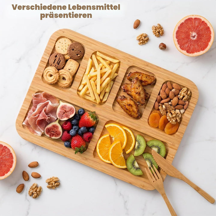 Charcuterie Brett mit klarem Deckelfür 2–4 Personen, Tragbares Bambus-Käsebrett mit 6 Fächern, Multi