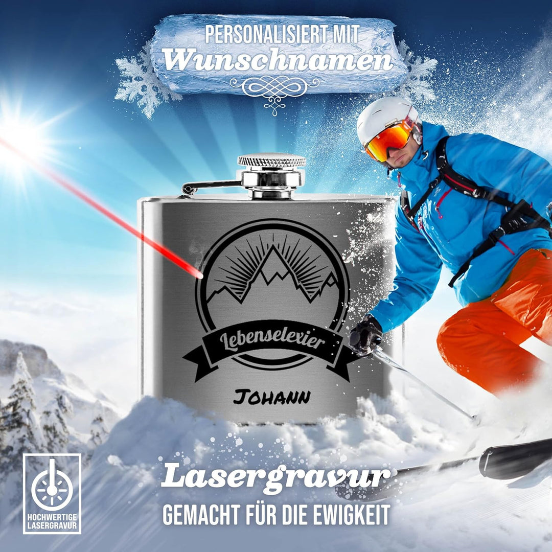 Flachmann mit Gravur aus Edelstahl selbst gestalten - Lebenselexier - mit Name gravieren - Geschenk