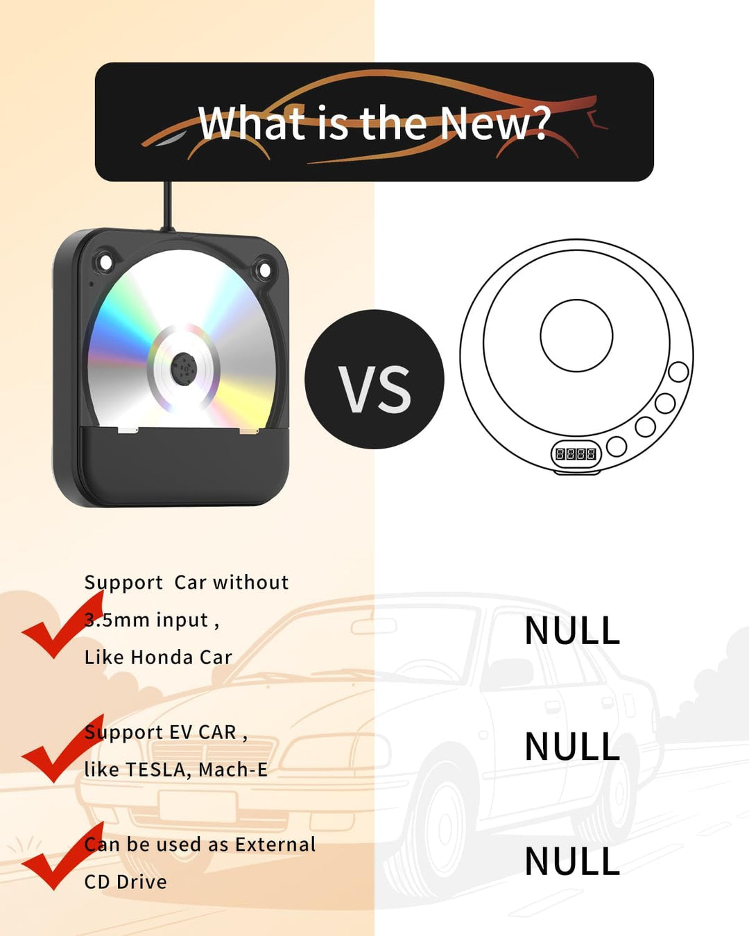 MONODEAL Externer CD Player für Auto, Plug-and-Play Auto CD-Player mit USB/AUX Anschluss, Universell