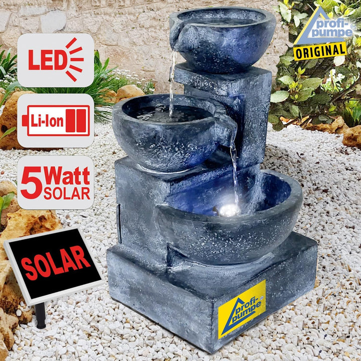 Gartenbrunnen Solarbrunnen Brunnen GRANITSCHALEN-Kaskade mit LED-Licht und Li-Ion-Akku, Vogelbad Was