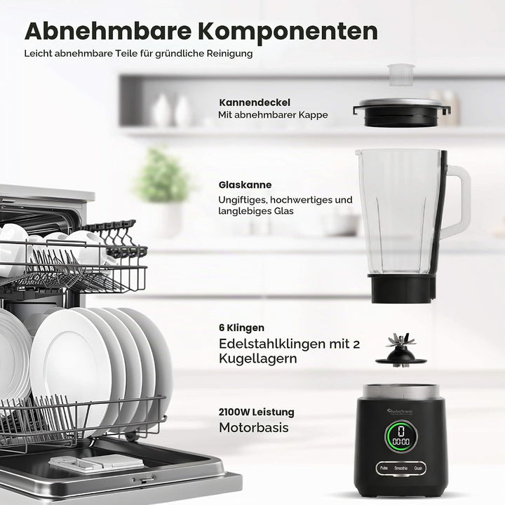TurboTronic Standmixer - BG7-2100 Watt (25.000 RPM) mit 2,0 L Glasbehälter Edelstahl, Glas Smoothie