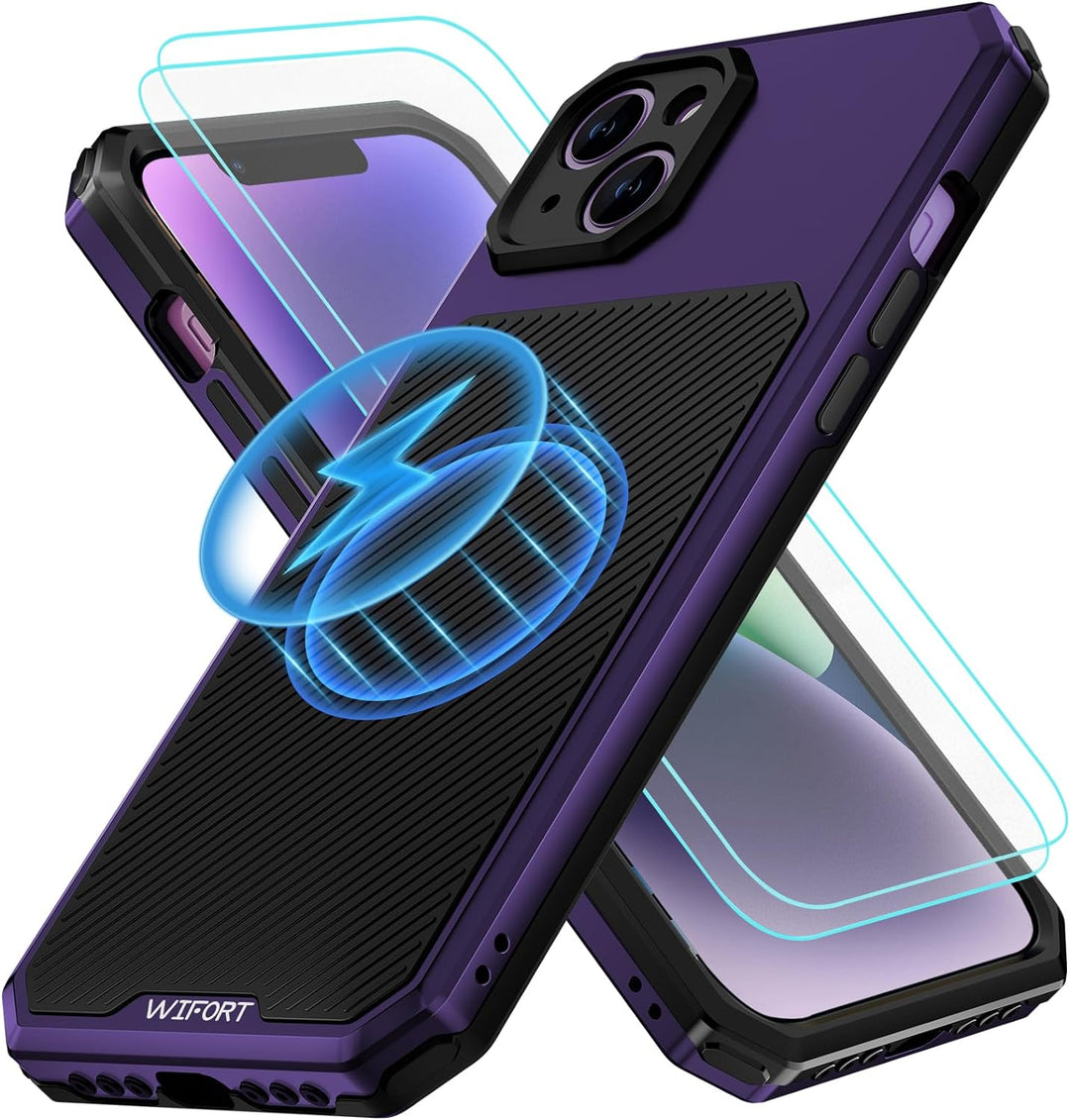 WIFORT Magnetisch Metall Hülle für iPhone 14 Plus Kompatibel mit MagSafe, mit 2 Stück Schutzglas, Mi