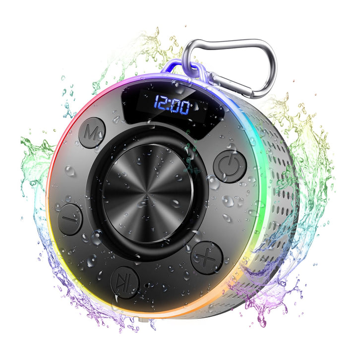 Bluetooth Lautsprecher mit LED Licht, Klein Duschlautsprecher Bluetooth 5.3 mit Saugnapf, IPX7 Wasse