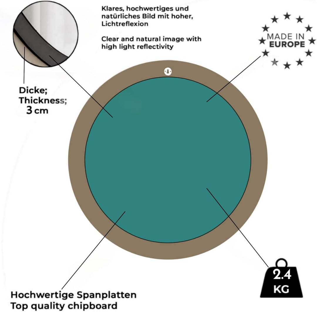 Gozos Moderner Industrial Spiegel Obejo, Schwarz - Runder Wandspiegel mit hölzerner Unterseite und i