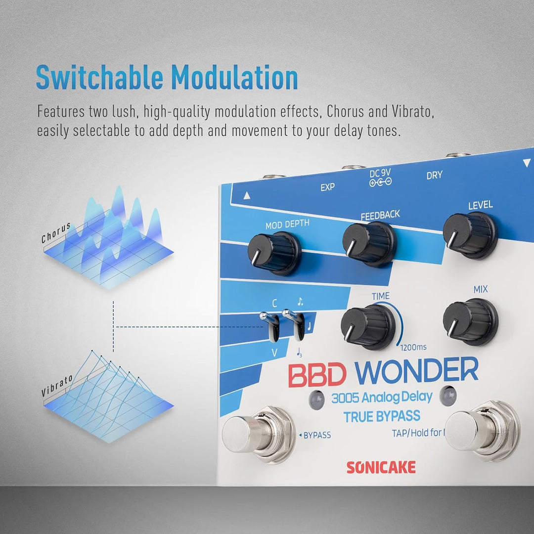 SONICAKE Analoges Delay und Modulation Pedal | mit Chorus, Vibrato, Tap Tempo, True Bypass BBD Wonde