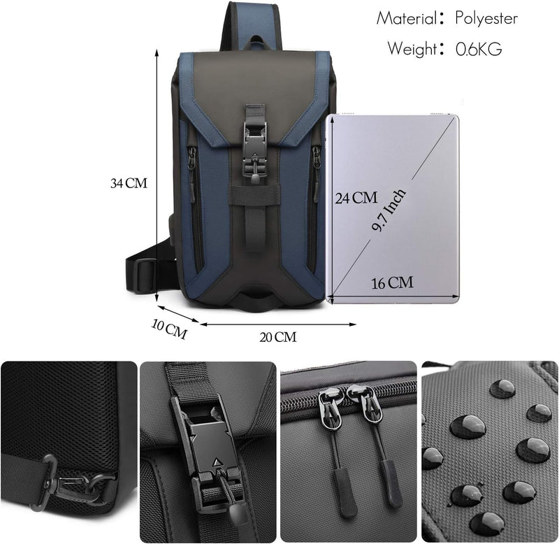 FANDARE Anti-theft Brusttasche Sling Bag mit USB Schultertasche Herren Grosse Kapazität Crossover Ba