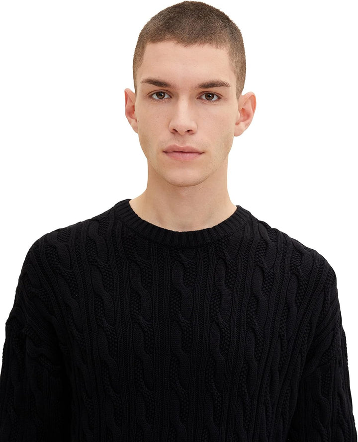 TOM TAILOR Denim Herren Pullover mit Zopfmuster L 29999 - Black, L 29999 - Black
