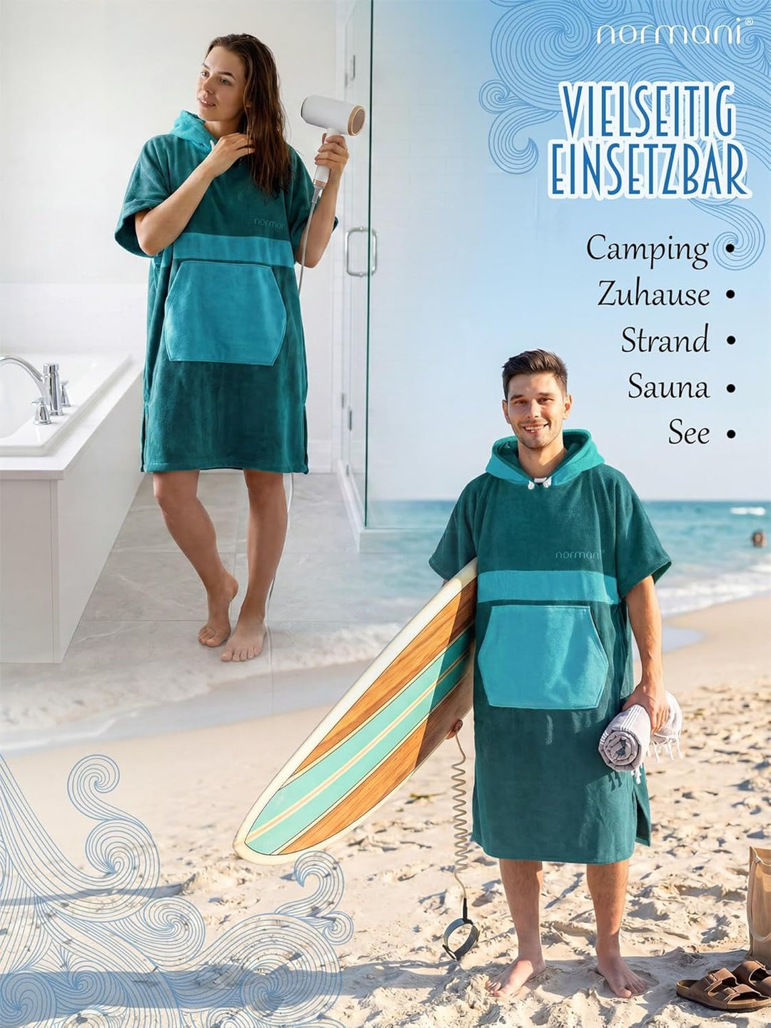 normani Baumwoll Surfer Poncho - Strandponcho - Handtuch-Poncho - Unisex Strand Umziehhilfe - geschl