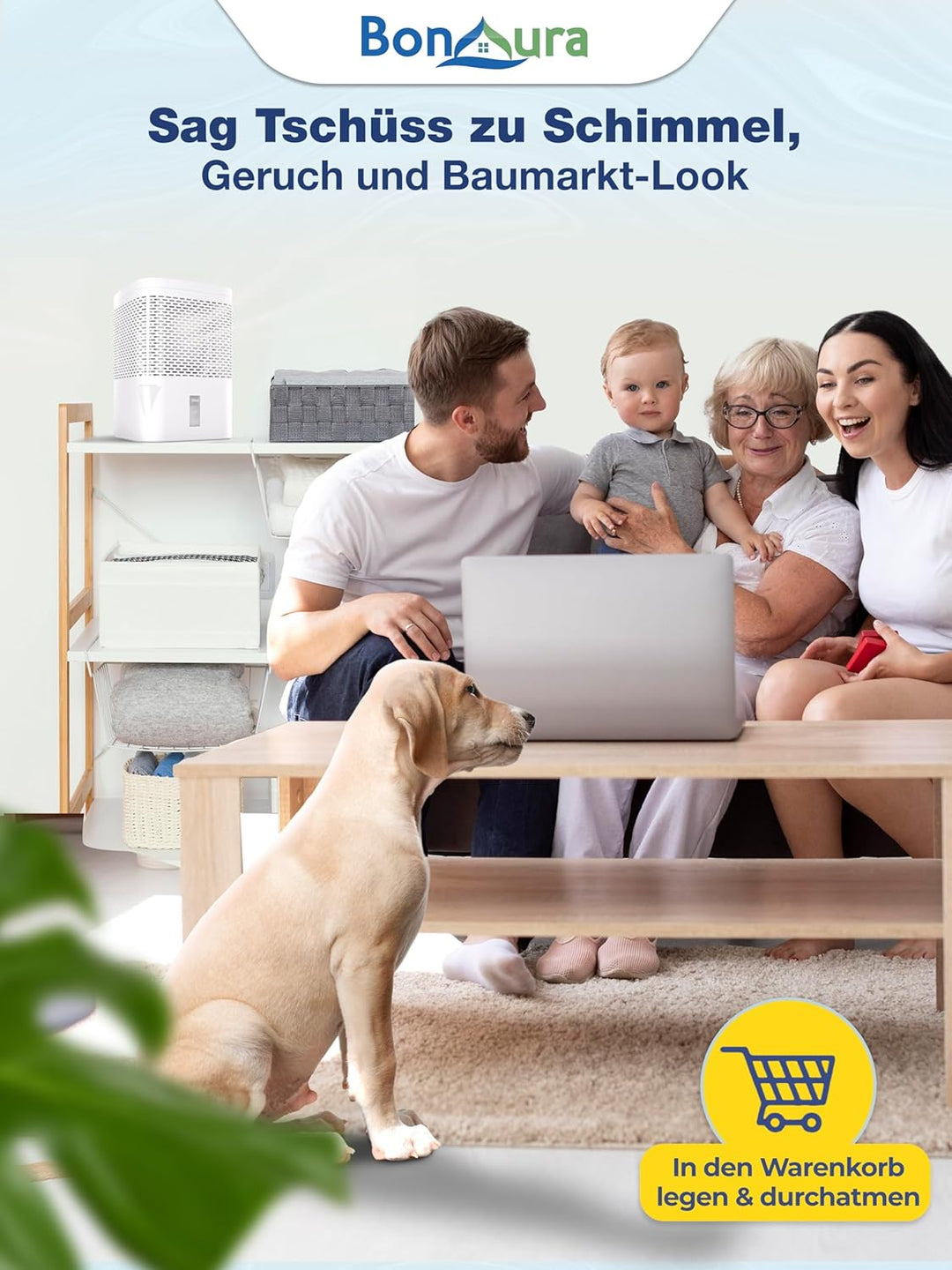 BonAura® AirOne Luftentfeuchter ohne Strom bis 23m² I 360° Belüftung I Raumentfeuchter mit Ausgiesse