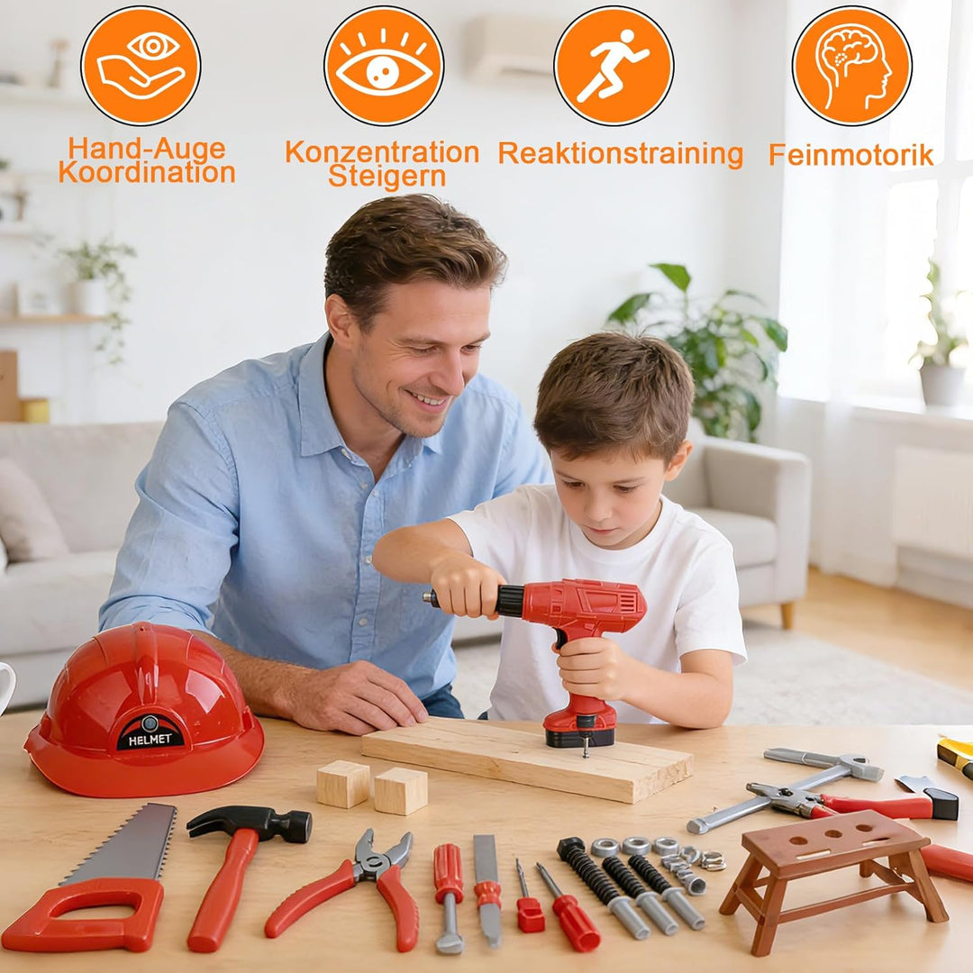 Morofme Kinder Werkzeugkoffer 52 Stück, Werkzeug Kinder Set mit Bohrmaschine, Arbeitskappe, Hammer,