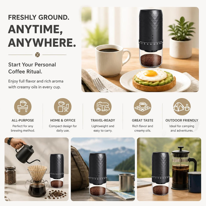 Kaffeemühle Elektrisch, tragbar mit Kegelmahlwerk und 5 einstellbaren Mahlgraden, USB Schnellladung