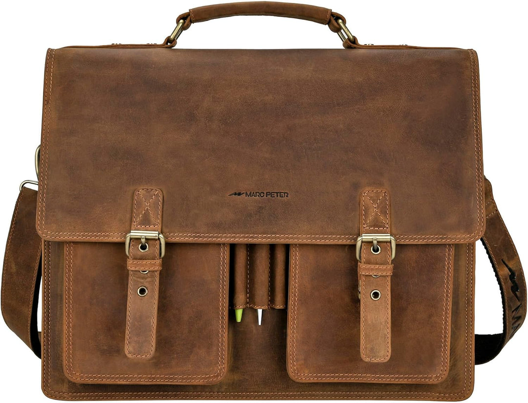 Marc Peter Amsterdam Aktentasche Leder XL Lehrertasche mit Laptopfach 15,6 Zoll grosse Ledertasche z