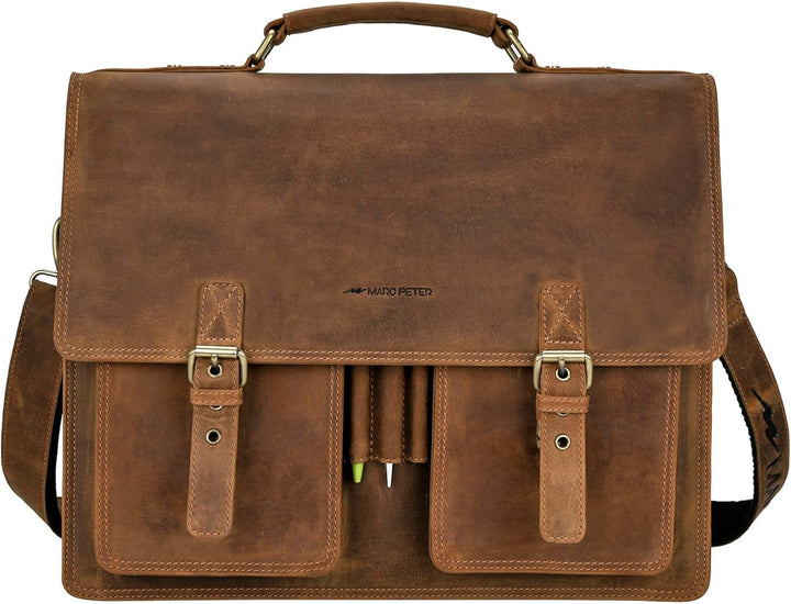 Marc Peter Amsterdam Aktentasche Leder XL Lehrertasche mit Laptopfach 15,6 Zoll grosse Ledertasche z